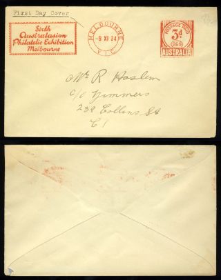 1934 Australia 3d Stamped Envelope - First Day Cover - 6th Australasian Phil Ex photo