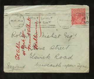 Australia 1926 Solo Kg5 1 1/2d Head On Cover To Newcastle On Tyne Gb photo