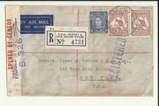 Wwii Censored Cover 1941 Registered Air Mail Gpo Sydney Australia York Usa photo