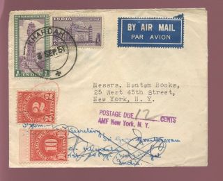 India 1951 Cover 1r 6a Air To Ny. . .  12c Usa Postage Due photo