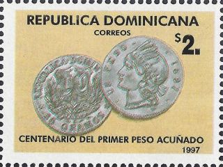 Dominican First Peso Coin Cent.  Sc 1257 1997 photo