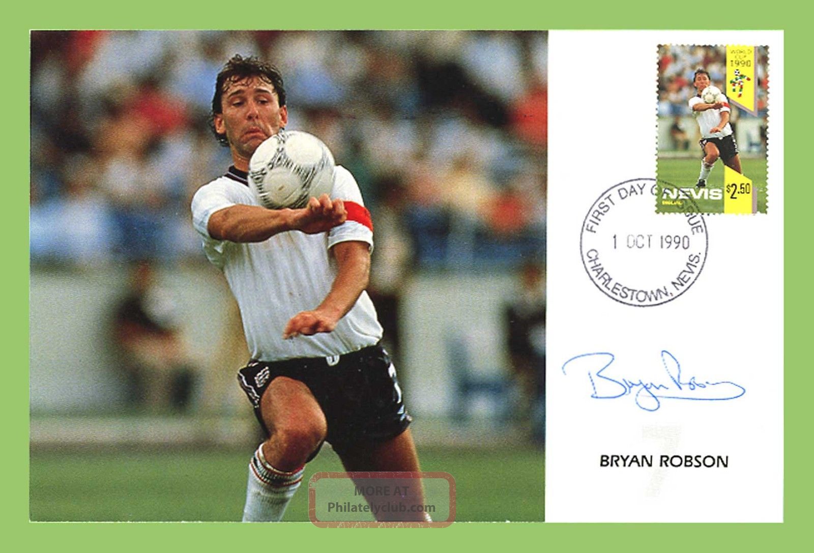 Nevis 1990 Football World,  Bryan Robson Stamp On Signed First Day Card Caribbean photo