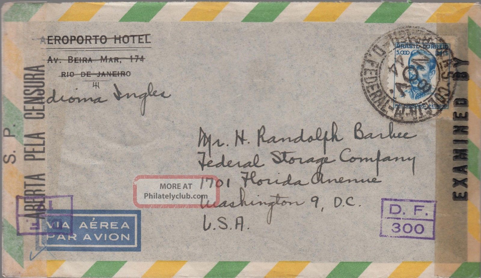 1944 Brazil Dual Censored Airmail Cover To Usa Airport Hotel Latin America photo