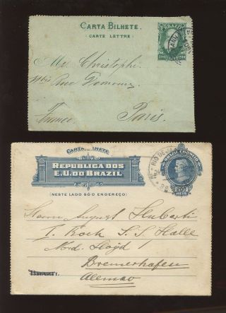Brazil 1892 + 1910 Stationery Lettercards To Europe X 2 photo