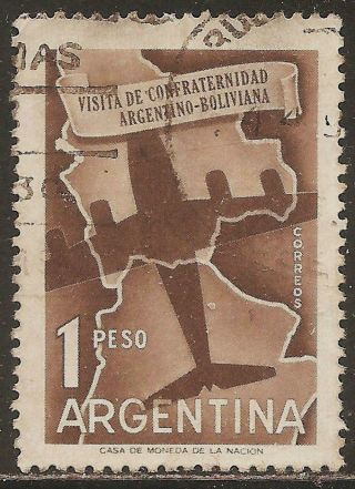 1958 Argentina: Scott 672 - Argentine - Bolivian Friendship (1p Sepia) - photo