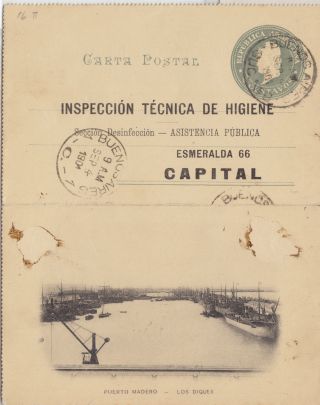 Argentina Hygine Lettercard.  Mailed.  1904.  Inspection.  Puerto Madero photo