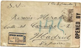 Mexico 1919 Registered Censored Cover To Madrid,  Spain. photo