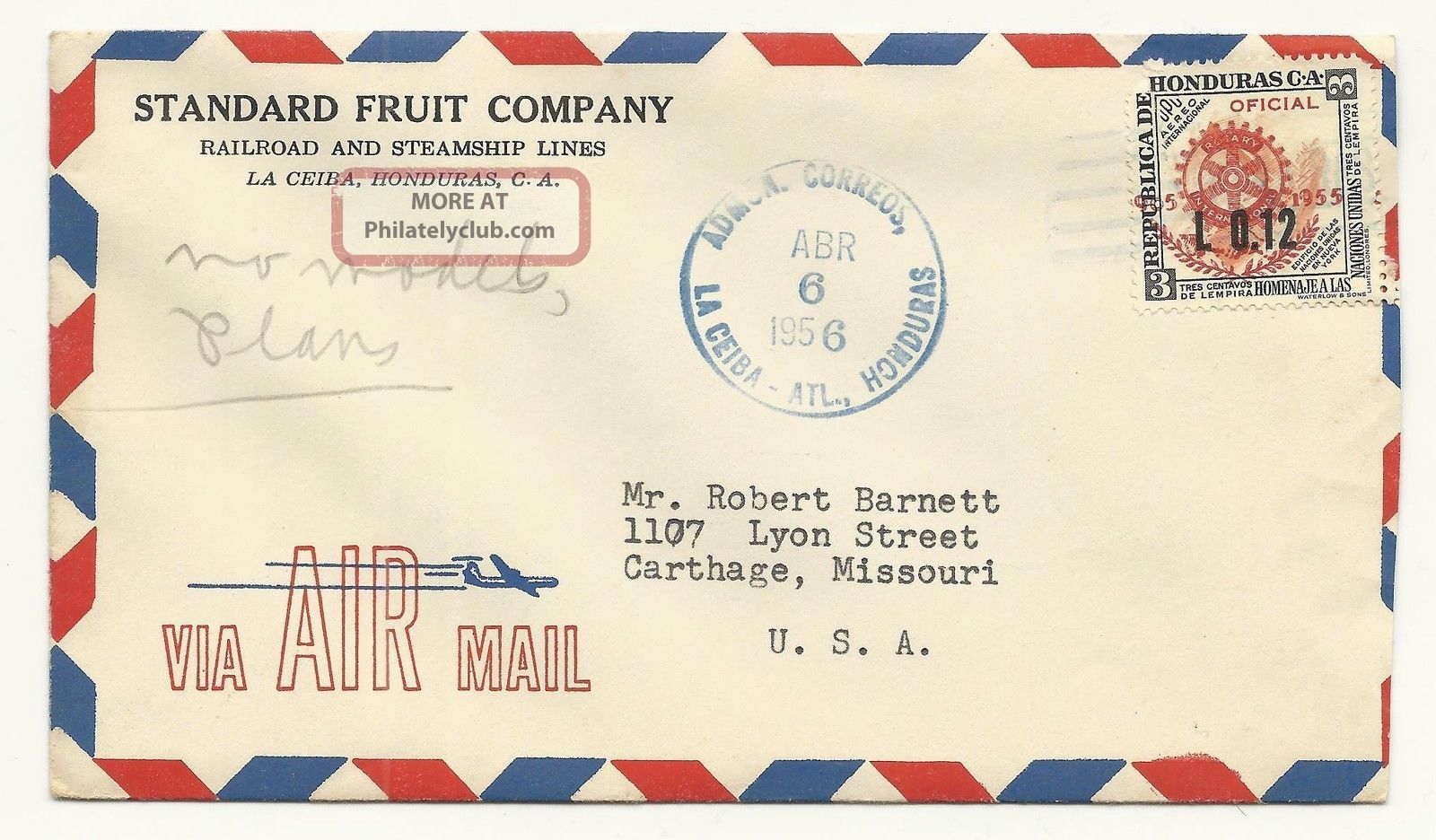 Cover,  Standard Fruit Co,  Honduras,  C.  A.  To Carthage,  Mo.  1956. Latin America photo