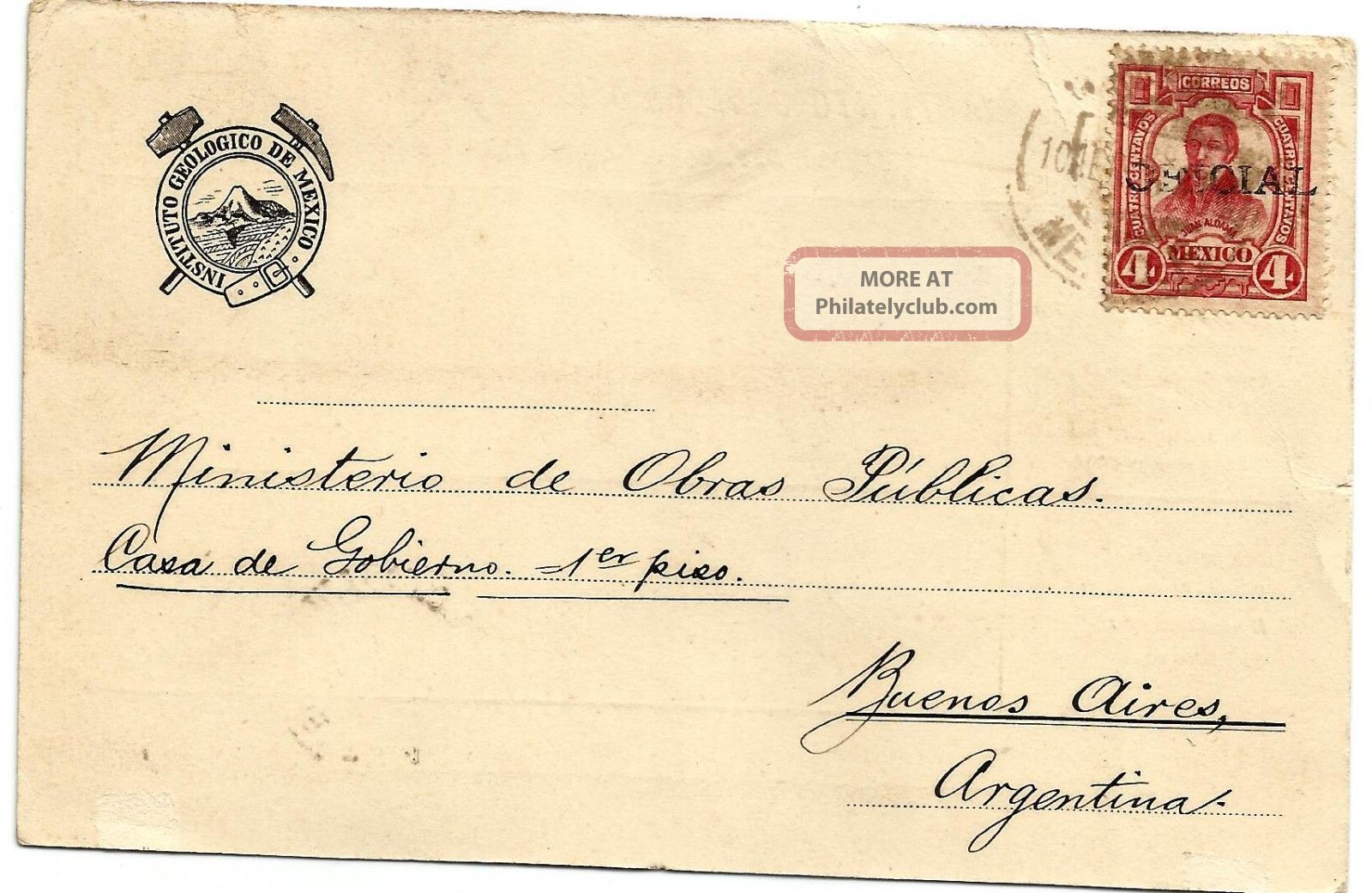 Mexico 1915 Official Card Sent Mexico Df - Buenos Aires:error On Stamp Geology Latin America photo