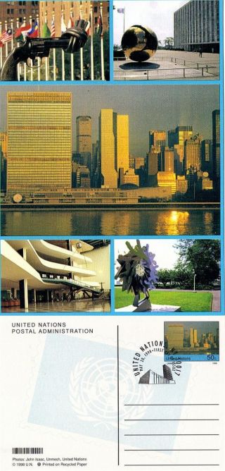 United Nations 1998 50c Un Building Pre Paid Postcard York Shs photo