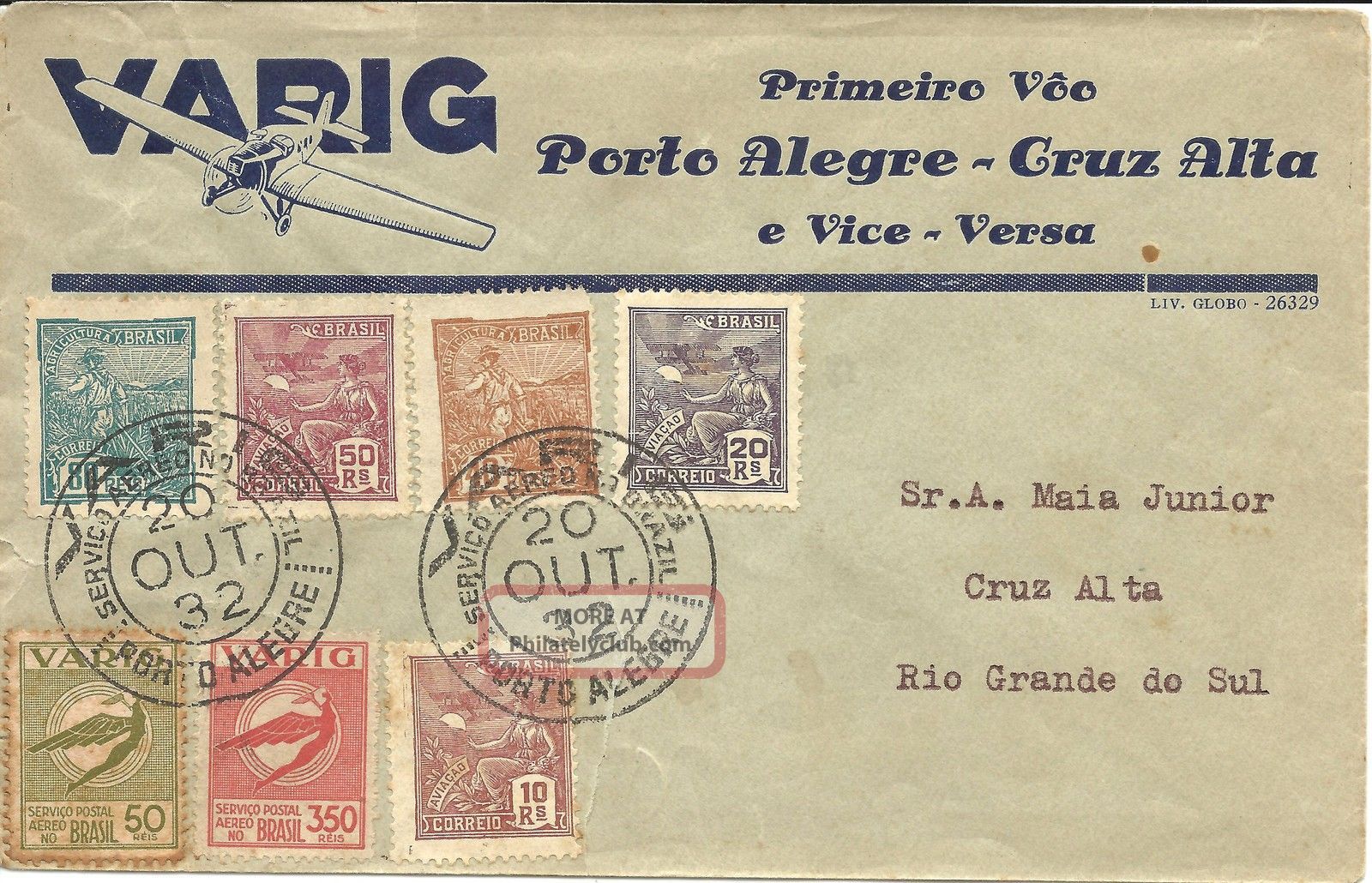 Brazil Varig 1st Flight Porto Alegre - Cruz Alta Cover 1932 Vf Ii Worldwide photo