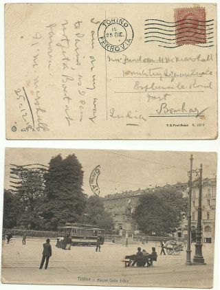 Italy 1918 Postcard Plazza Carlo Fellce Tram People Hand - Cart Torino Ferrovia I photo