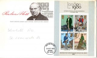 24 October 1979 Sir Rowland Hill Centenary M/sheet First Day Cover Hastings Fdi photo