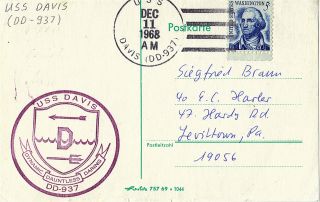 11 December 1968 Uss Davis Dd 937 Us Destroyer Plain Cached Card photo