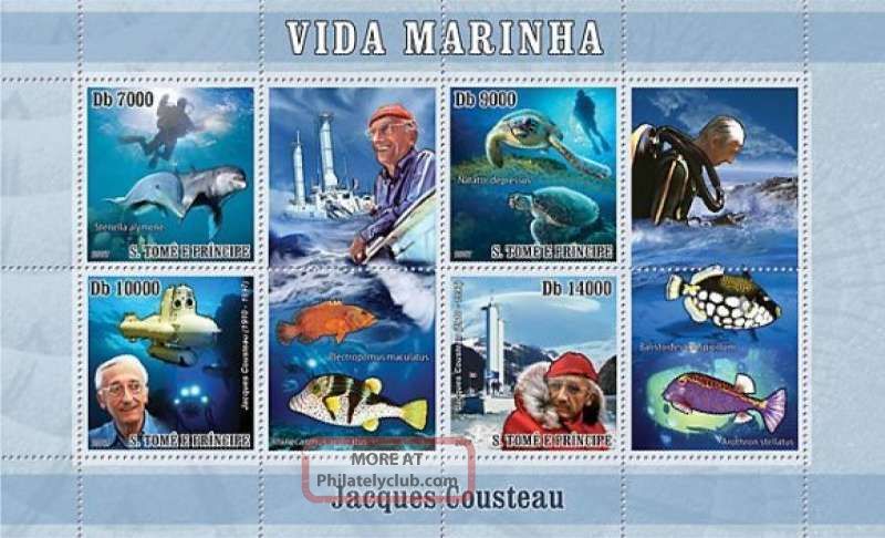 St Thomas - Cousteau & Marine Life - 8 Stamp Sheet - St7306a Animal Kingdom photo