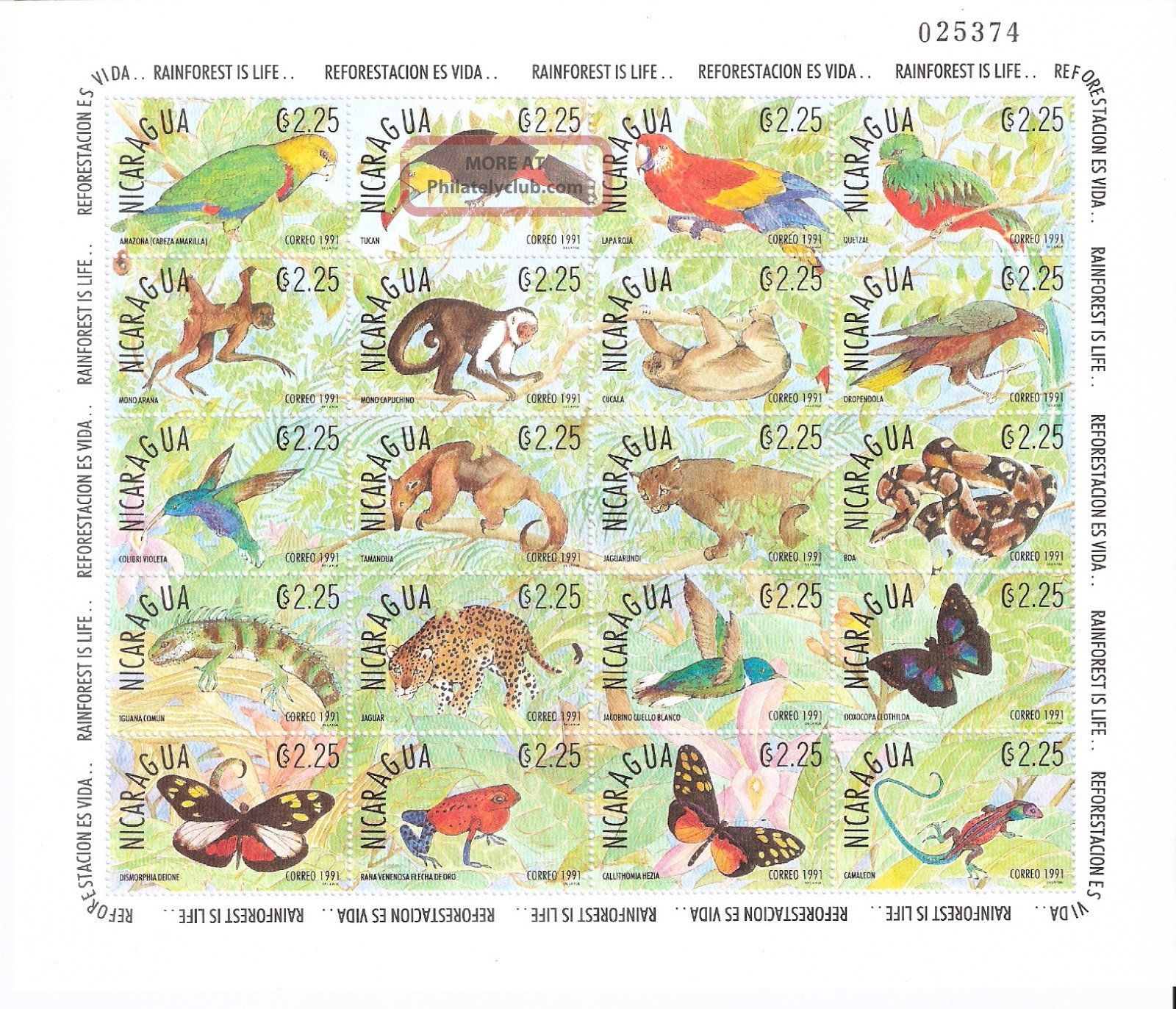 Nicaragua 1991 Fauna Of Rainforest Full Sheet (of 20) (sc 1861) Animal Kingdom photo