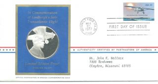 1977 Fdc Commemorating Lindbergh ' S Flight W/1 Oz/ Sterling Silver Proof Cachet photo