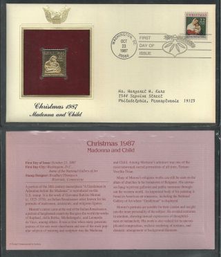 2367 Traditional Christmas,  Madonna & Child.  1987 Gold Foil First Day Cover photo