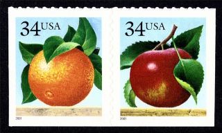 Scott 3493 - 94 34 - Cent Apple & Orange Self - Adhesive Booklet Se - Tenant Pair - photo