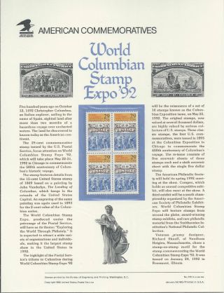 2616 29 - Cent World Columbian Stamp Expo 1992 Commemorative Panel photo