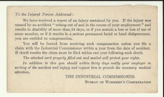 Pre 1920 Industrial Commissioner Bureau Of Workmen ' S Compensation Postal Card 1c photo