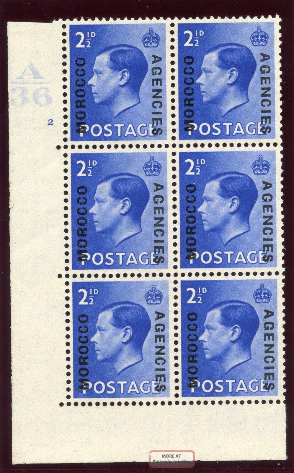 Morocco Agencies 1937 Keviii 2½d Bright Blue A36 Control Block Of 6 Mlh.  Sg 76. British Colonies & Territories photo