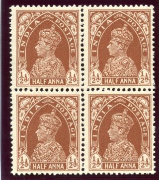 India 1937 Kgvi ½a Red - Brown Block Of Four.  Sg 248.  Sc 151. photo