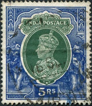 India 1937 (kgvi) 5r Green And Blue Sg261 Cv £0.  50 Vf Uh Postage photo