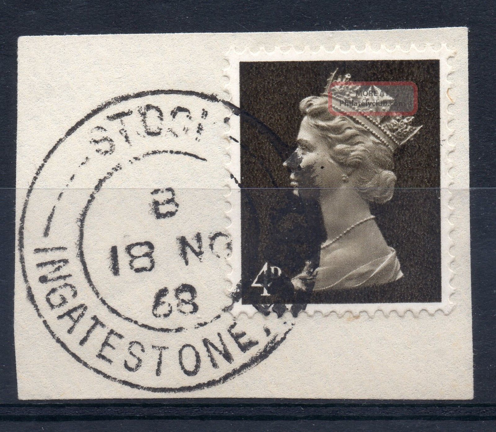 Gb = Postmark - Qe2,  `stock / Ingatestone,  Essex` Thin Arcs.  1968.  4d Machin. Elizabeth II photo