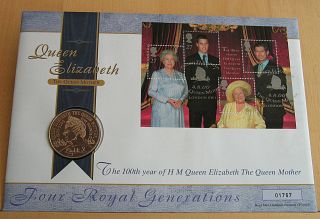 2000 Four Royal Generations 100th Year Of The Queen Mother £5 Coin Cover 01767 photo