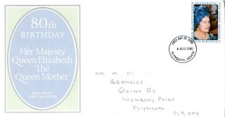 4 August 1980 Queen Mother 80th Birthday Po First Day Cover Plymouth Fdi photo