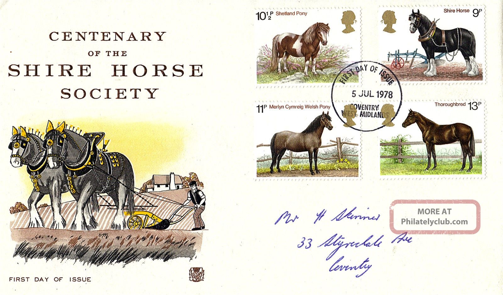 5 July 1978 Shire Horses Stuart First Day Cover Coventry Fdi Animal Kingdom photo