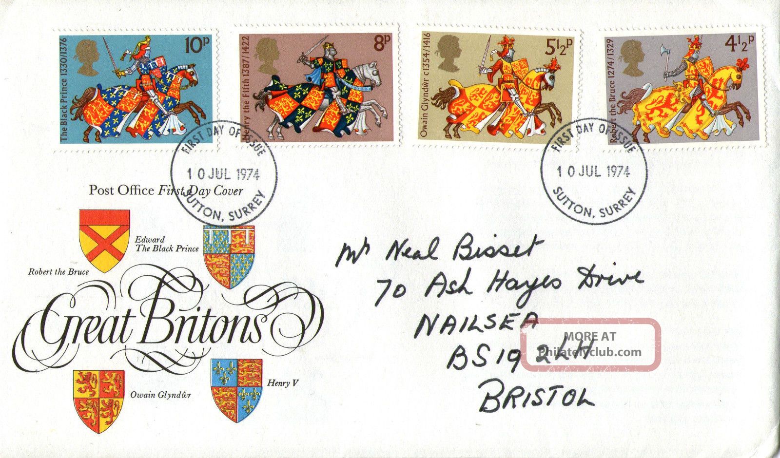 10 July 1974 Great Britons Post Office First Day Cover Sutton Surrey Fdi Topical Stamps photo