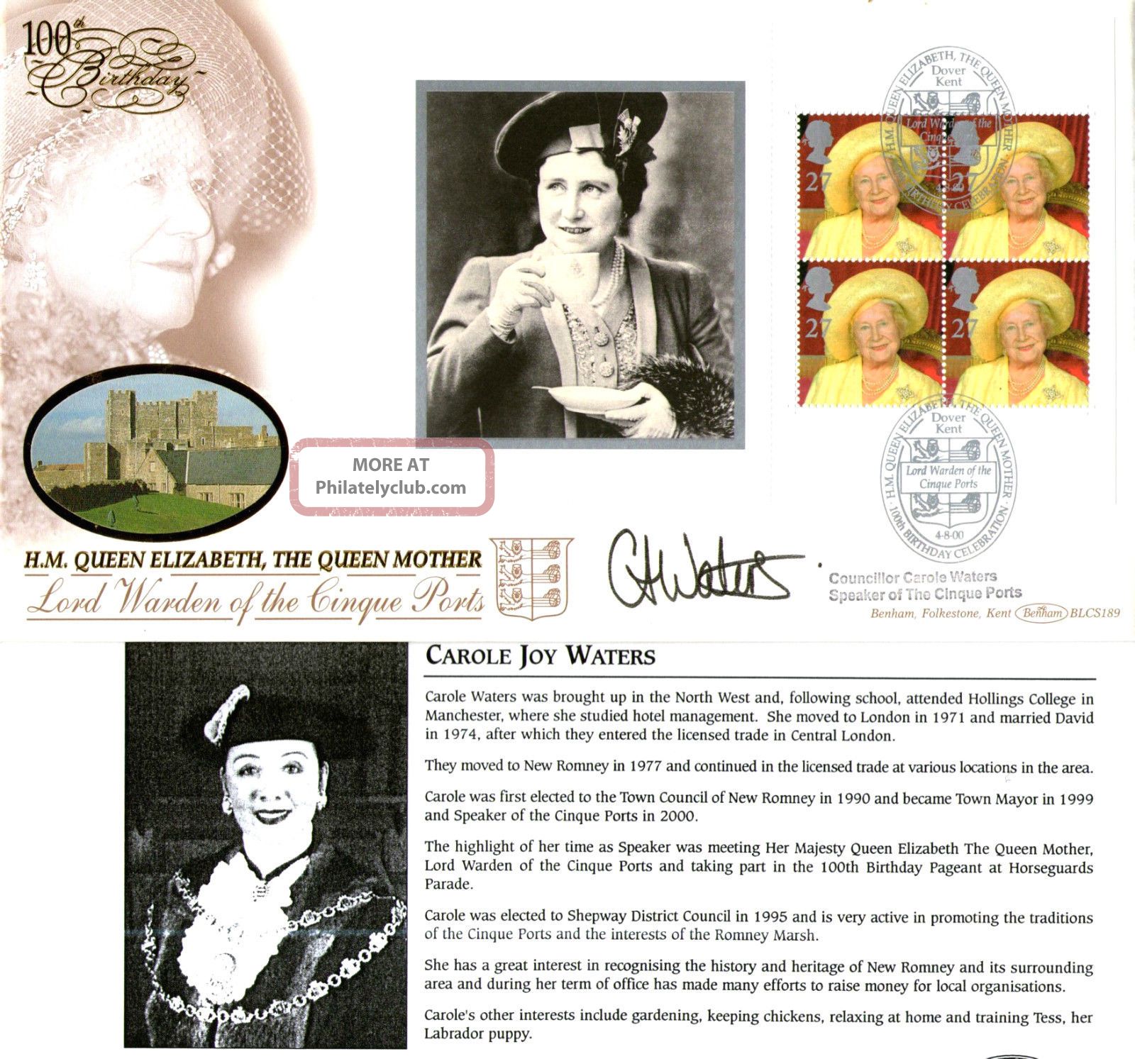 4 August 2000 Queen Mother Full Pane 4 Benham Signed Speaker Of Cinque Ports Topical Stamps photo