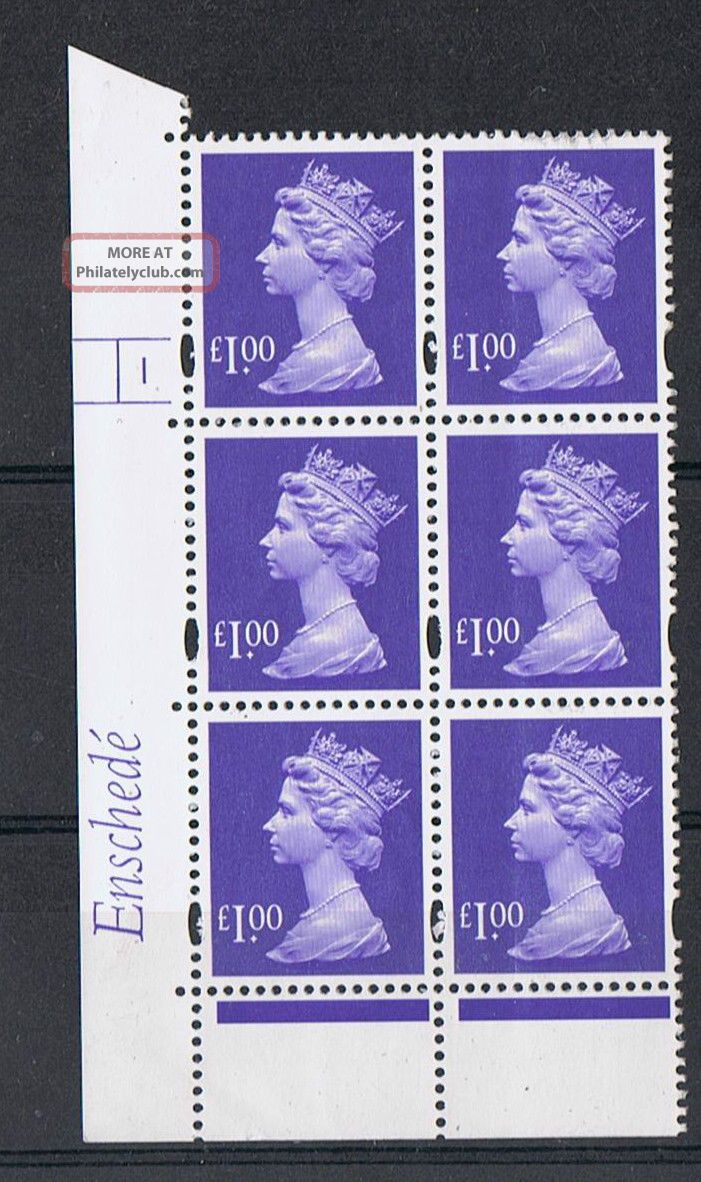 Gb Machin £1.  00 Blue - Violet X 6 Enshede Corner Cylinder Block (1 No Dot) Elizabeth II photo