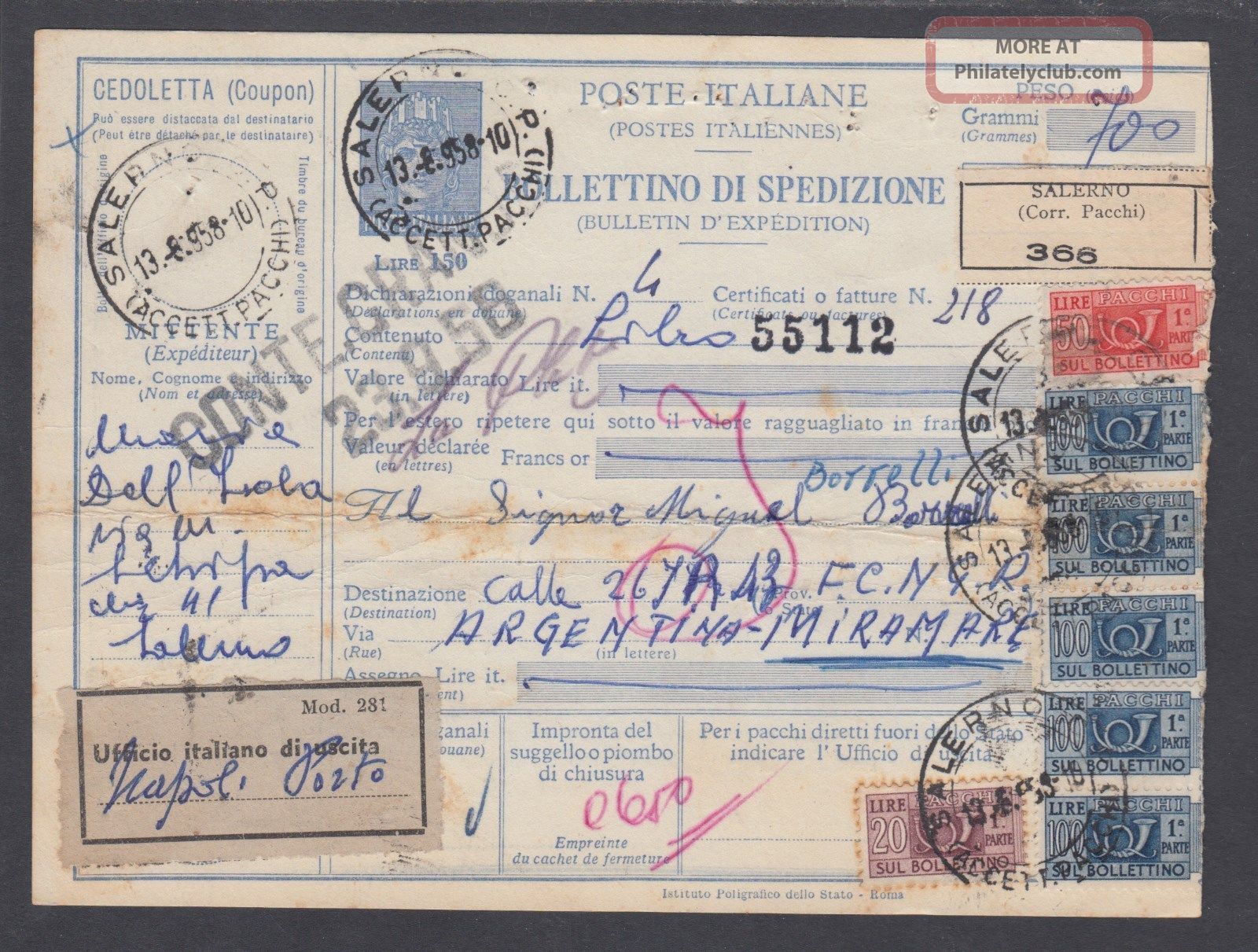 Italy H&g N108,  1958 150l Blue Parcel Post Label Uprated,  Salerno Cds Europe photo