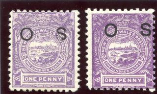 South Wales 1888 Qv Official 1d Lilac & 1d Mauve Mlh.  Sg O39,  39b. photo