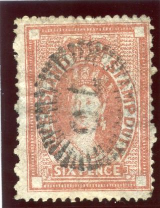 Queensland 1871 Qv Postal Fiscal 6d Red Brown.  Sg F25. photo