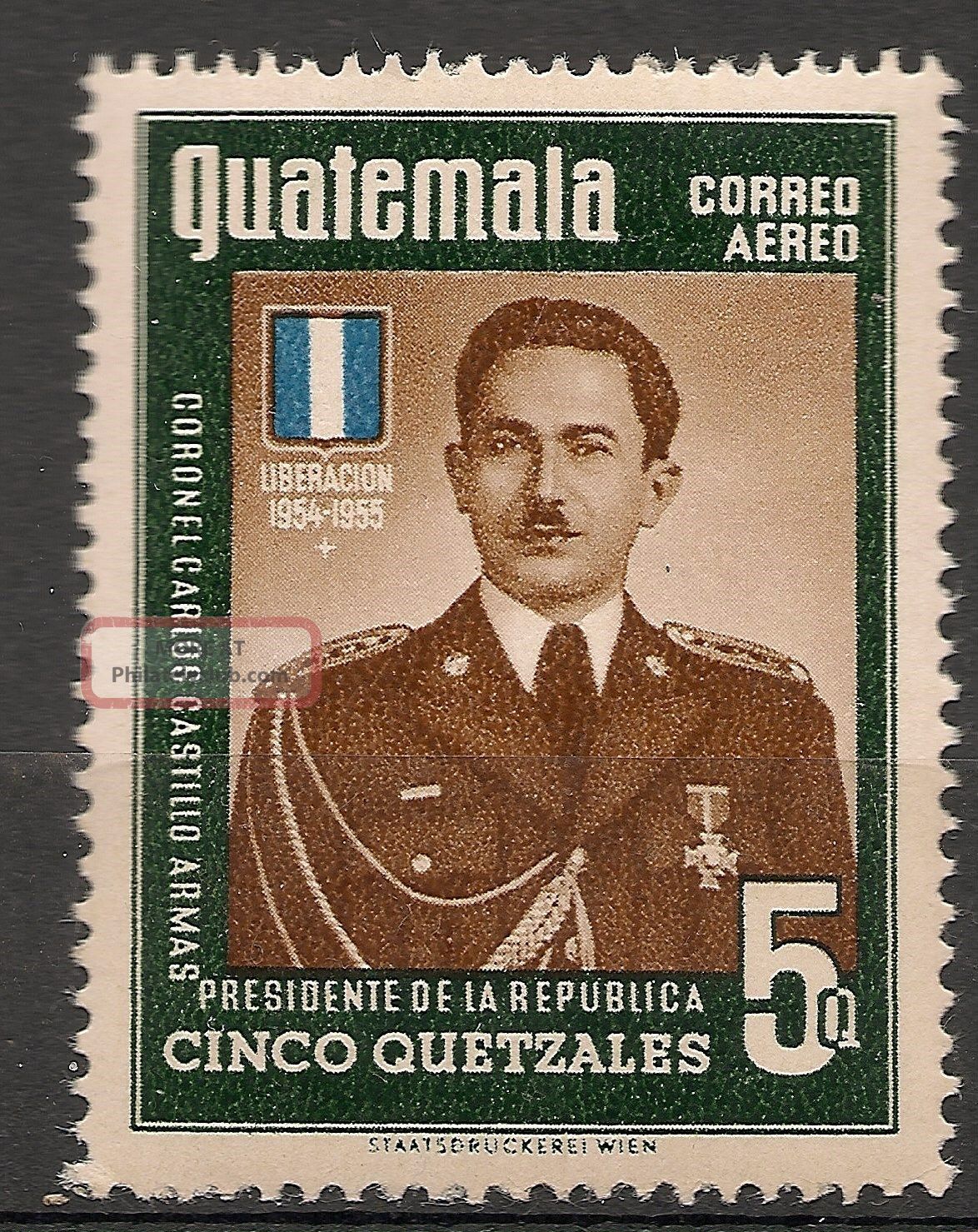 Guatemala Stamp Of 5 Quetzales,  Colonel Carlos Castillo Armas,  President,  1955 Latin America photo