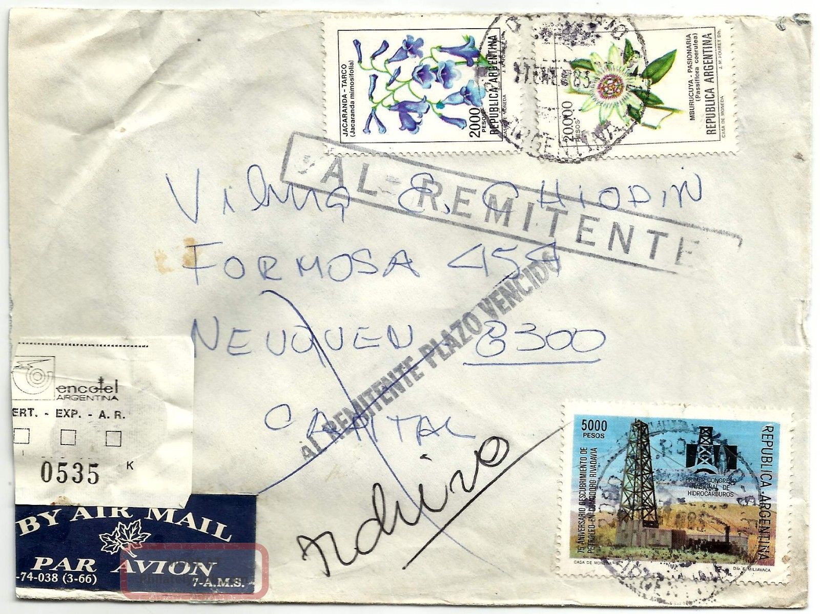Rosario1983 Registered Inflation Rate Flowers & Oil Returned - Sender Airmail Latin America photo