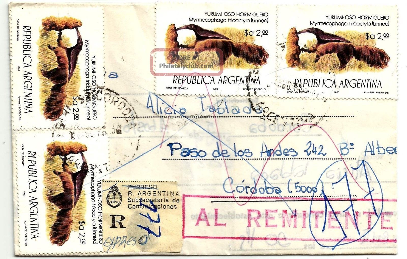 CÓrdoba1983 Express Inflation Rate Wonderful Postage 4 Ant Eater Animal;returned Latin America photo