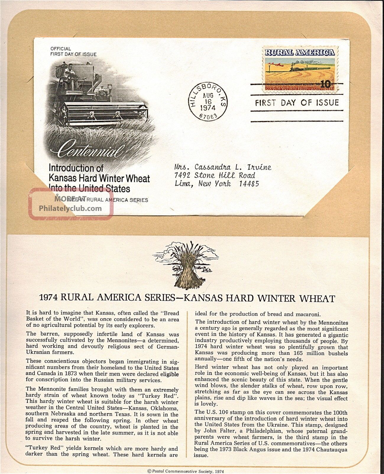 Kansas Hard Winter Wheat Fdc Cachet,  Issued 1974,  Collectible,  Scott 1506 F26 Worldwide photo
