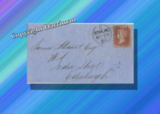 1860 Victorian One Penny Red Cover Franked In Sterling,  Scotland Barred Oval 30 photo