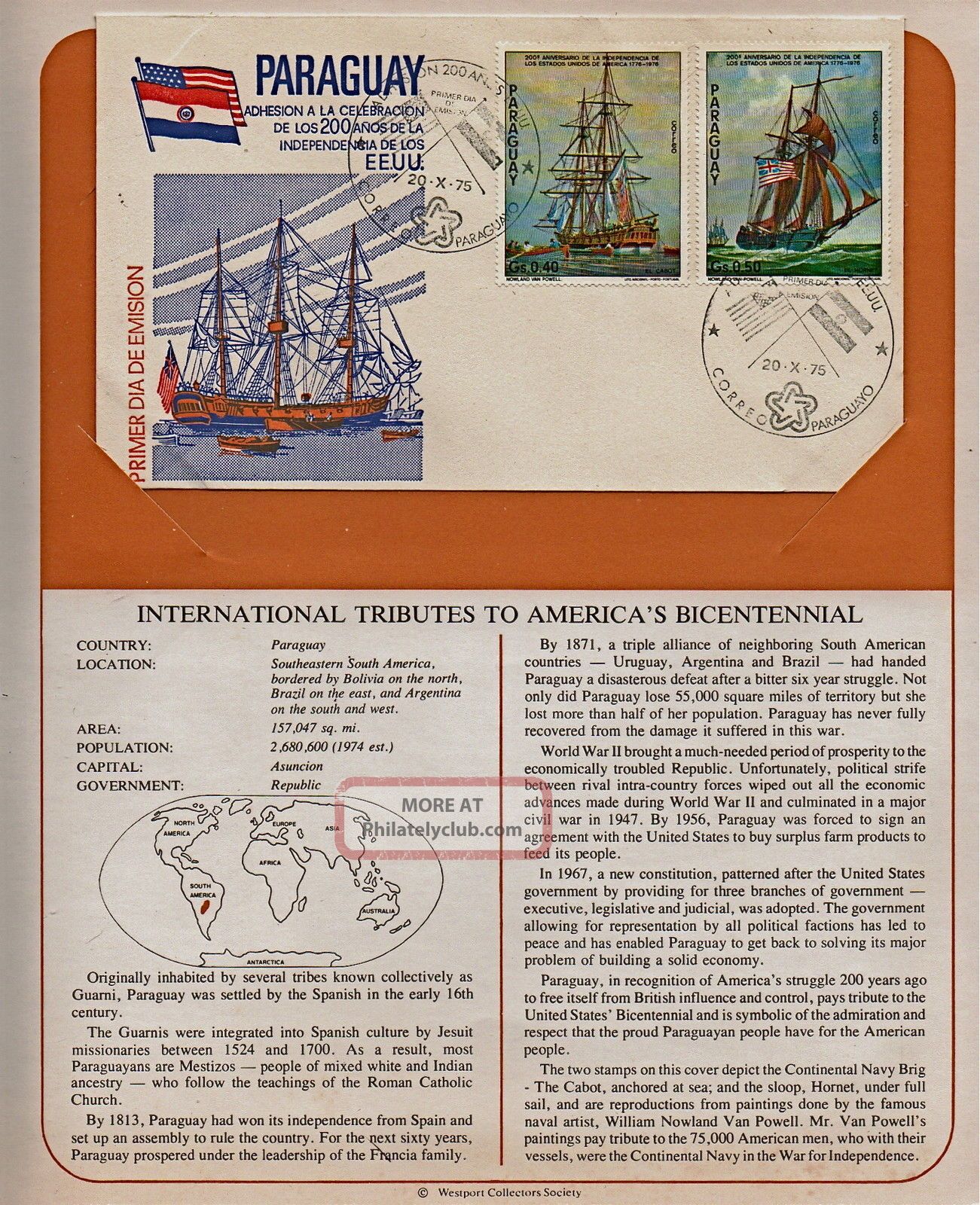 Paraguay Tribute To America ' S Bicentennial 1975 First Day Issue Fdc 