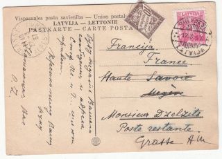 Latvia To France Card Mixed Franking Latvian 20snt & France 10c Postage Due 1937 photo