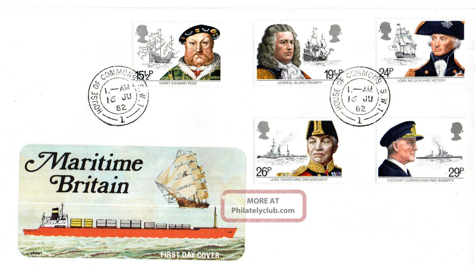 16 June 1982 Maritime Heritage Philart First Day Cover House Of Commons Sw1 Cds Transportation photo