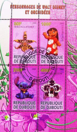 2009 Djibouti Mini - Sheet Orchids Disney Animation Lilo Stitch Cto photo