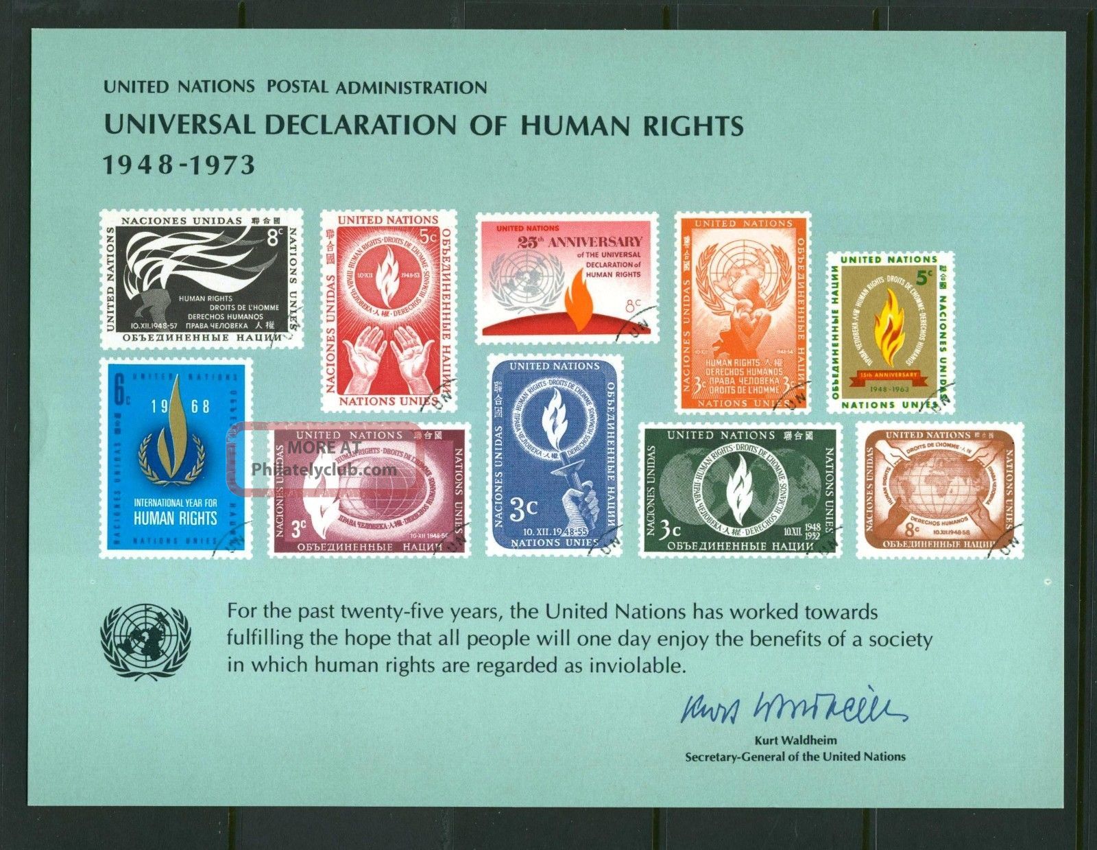 United Nations 1973 Souvenir Card Declaration Of Human Rights Worldwide photo