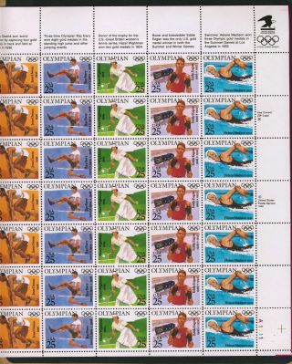 Us Stamp 1990 Olympians Complete Pane Of 35 Scott 2496 - 2500 photo