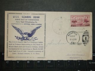 Uss Somers Dd - 381 Naval Cover 1937 Czubay Commissioned Cachet photo
